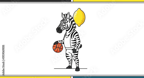 Zebra playing basketball with a lemon on its head, funny animal sport concept