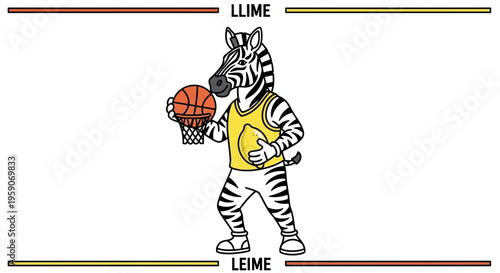 Zebra Basketball Player Dunking Hoop, Cartoon Animal Character Playing Sports