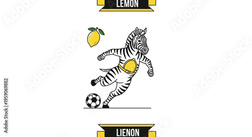 Zebra playing soccer with a lemon, funny animal illustration, sports concept