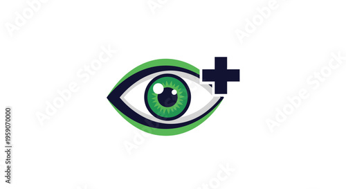 Vision Health: Green Eye Design with a Plus Symbol Representing Eye Care and Ophthalmology