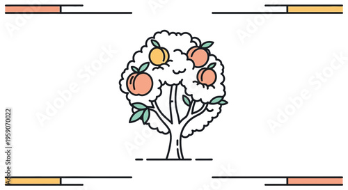 Whimsical Peach Tree with Ripe Fruits and Abstract Borders