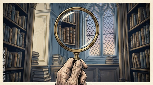 Hand holding magnifying glass over vintage bookshelves in old library with stained glass windows