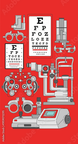 Visual Aids And Ophthalmic Tools: Illustrated Diagram Of Eye Exam Equipment On Red Backdrop