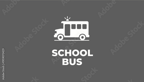 White School Bus Icon with Flashing Lights and Text on Gray Background