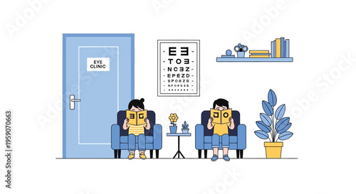 Waiting Room Illustration Showing People Relaxing In An Eye Clinic Before An Examination