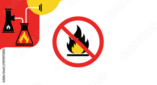 Warning Illustration Depicting Lab Equipment and Prohibited Fire Symbol Design