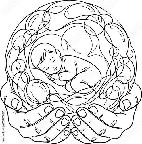 Minimalist child sprout bubble nest parent hands vector icon protection nurturing growth eco sustainable black line design white background illustration