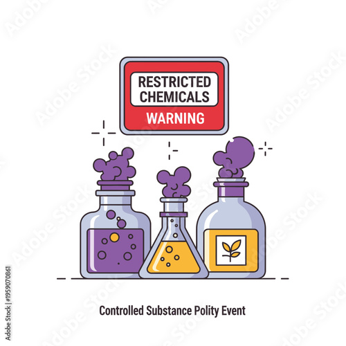 Warning Sign Above Chemical Flasks, Depicting Restricted Substances, Laboratory Experiment Concept