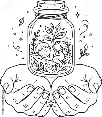 Minimalist child sprout floating jar parent hands vector icon nurturing protection growth eco sustainable black line design white background illustration