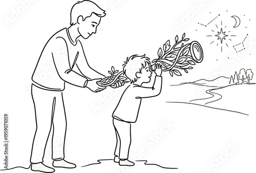 Minimalist parent leaf telescope child sprout vector icon guidance vision dreams growth eco sustainable black line design white background illustration