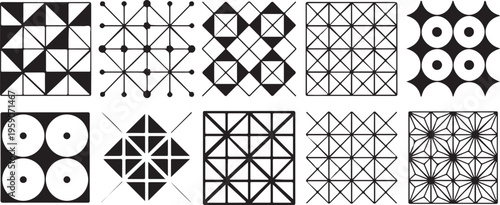 Collection of geometric patterns and shapes in black and white for design and decoration purposes