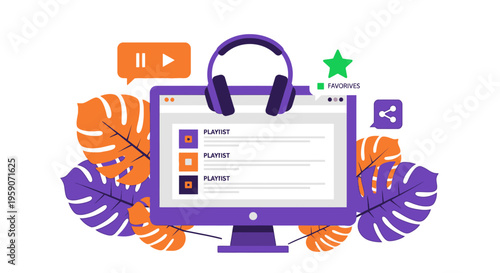 A computer with headphones and colorful leaves displays a video interface