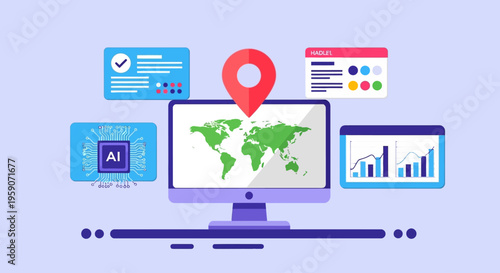 A computer monitor displays a world map surrounded by various infographics and icons on a light purple background with a red location pin.