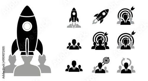 Business leadership and startup motivation icon set with rocket launch and target audience concepts