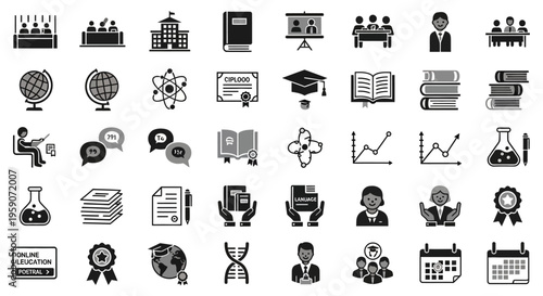 Education science and online learning icon set featuring books graduation globe and laboratory