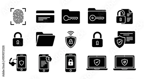 Digital device security and biometric authentication icon set with fingerprint and locked folders