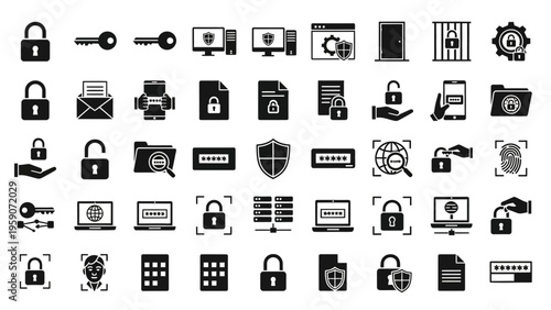 Password protection and cybersecurity login icon set for safe digital access and data privacy