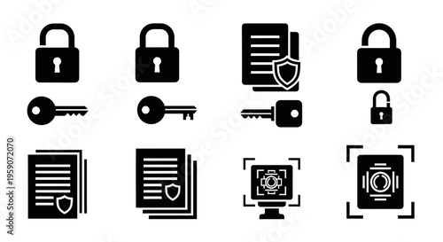 Cyber security and data protection icon set featuring locks keys and secure document shields