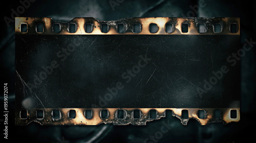 Burnt film strip grunge frame with torn edges scratches and smoke dark cinematic background vintage damaged reel texture template
