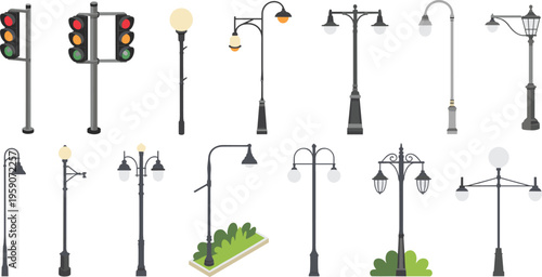 Collection of isometric street lamps and traffic signals with urban lighting elements city infrastructure design 3d illustration set