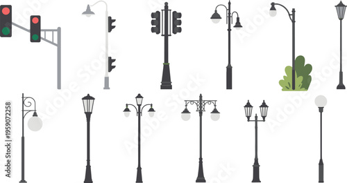 Collection of isometric street lamps and traffic lights with urban lighting elements city infrastructure design 3d illustration set