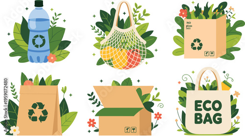 Eco friendly zero waste illustration reusable bags recycling packaging plastic free lifestyle sustainability vector flat design green environmental concept
