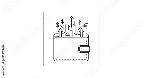 Wallet with rising currency symbols: dollar and euro, symbolizing financial growth