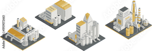 Isometric 3D industrial factory set illustration, manufacturing plants, oil refinery, power station, chemical industry, modern engineering infrastructure concept design