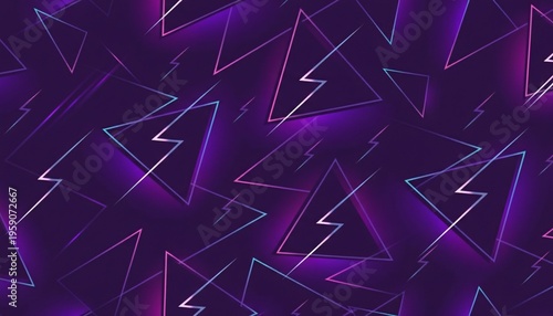 A vibrant purple background with neon lightning bolts and triangles in a modern design