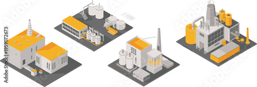 Isometric industrial factory buildings illustration with tanks pipes refinery plants modern manufacturing facilities energy production architecture concept design 3d detailed