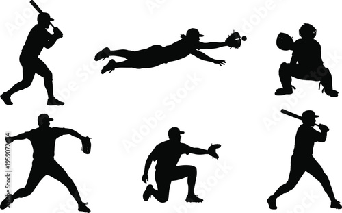 PriBaseball silhouettes, batter swing, pitcher throw, catcher crouch, fielder dive, kneeling catch, sports action, athletic movement, team game illustrationnt
