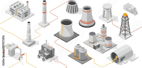 Isometric industrial factory power plant oil refinery equipment pipeline system energy production infrastructure flat vector illustration set modern engineering design