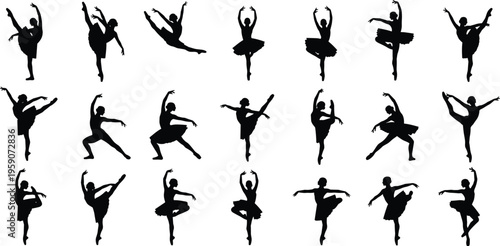Ballet dancer silhouettes, classical ballet poses, pirouette, arabesque, leap, elegant dance positions, black silhouette art, graceful ballerina movements, performance illustration