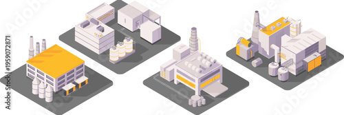 Isometric industrial factory complex illustration with manufacturing plants tanks pipelines warehouses modern production facilities engineering architecture 3d detailed concept