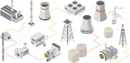 Isometric industrial factory power plant oil refinery equipment pipeline system energy production infrastructure flat vector illustration set modern technology design