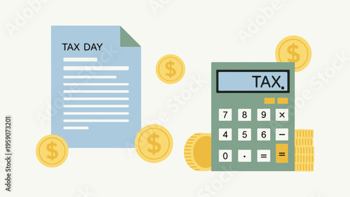 Tax day paperwork with calculator and money