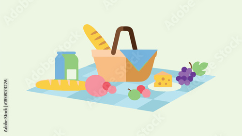 A picnic basket with food on a blanket outdoors