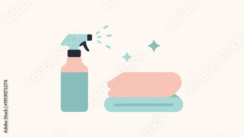 Cleaning supplies on a table indoors with spray bottle