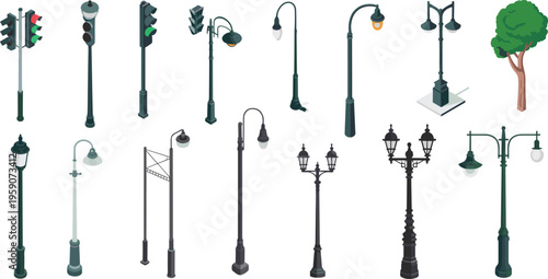 Set of isometric street lamps and traffic lights collection with urban lighting elements city infrastructure design 3d illustration