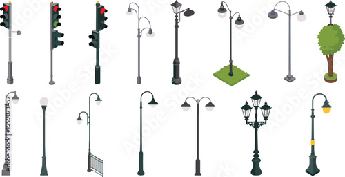 Set of isometric street lights and traffic signals collection with urban lamp posts city lighting elements design 3d illustration