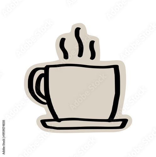 Hot coffee cup scrapbook doodle sticker icon: hand drawn steaming tea mug illustration, cafe beverage, and morning breakfast element