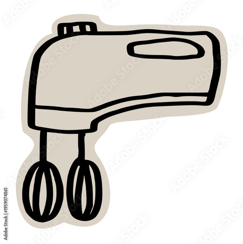 Electric hand mixer scrapbook doodle sticker icon: hand drawn illustration of kitchen egg beater and baking appliance design