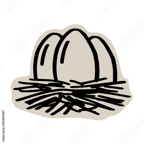 Three eggs in nest scrapbook doodle sticker icon: hand drawn bird nest illustration, spring nature, and farm animal element