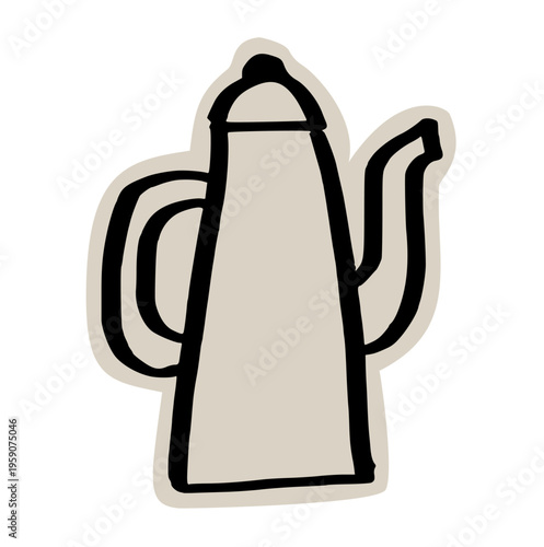 Vintage coffee pot scrapbook doodle sticker icon: hand drawn illustration of tea kettle, kitchen cafe tool, and retro drink carafe design