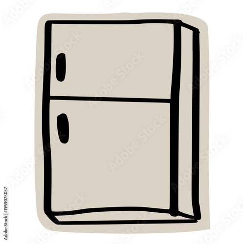 Refrigerator appliance scrapbook doodle sticker icon: hand drawn illustration of kitchen fridge, freezer storage, and home interior design