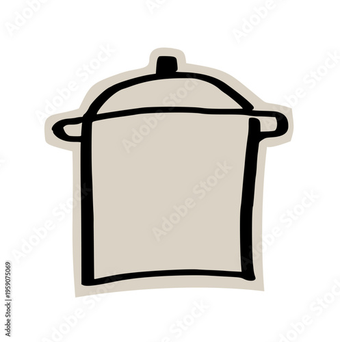 Cooking stockpot soup cauldron scrapbook doodle sticker icon: hand drawn illustration of kitchenware, stew boiling, and cafe menu design