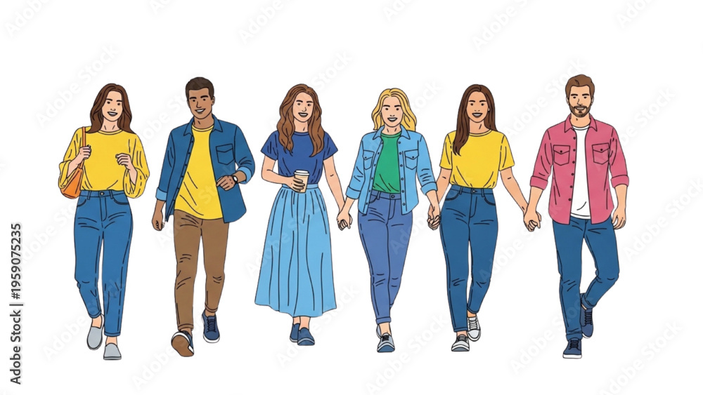 Obraz premium Diverse Young Friends Walking Together Casual Fashion Lifestyle Unity Illustration