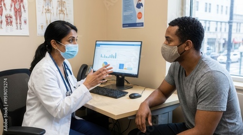 Doctor Explaining Medical Data On Computer Screen To Patient Wearing Masks