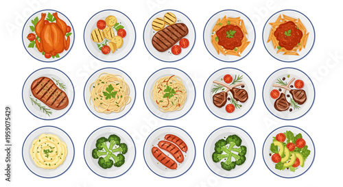 Collection of various dinner dishes with meat, pasta, and vegetables on white plates top view