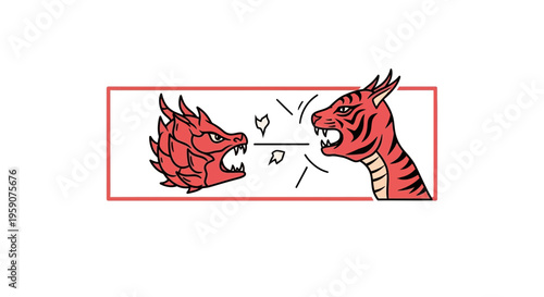 Two angry red dragons facing off, roaring with open mouths and sharp teeth, in a cartoon style.